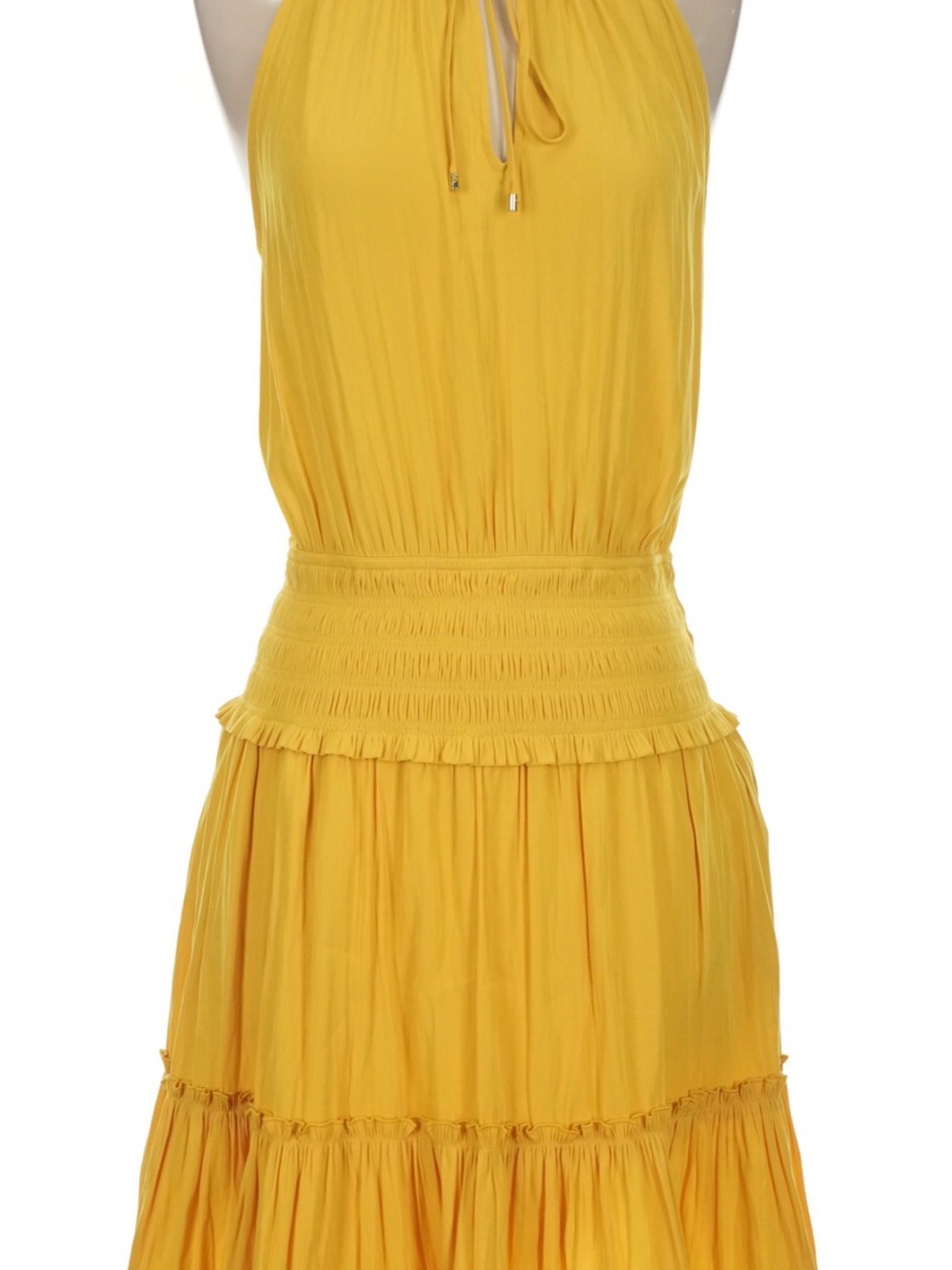 BCBGMaxAzria Mustard Yellow Halter Smocked-Waist Maxi Dress